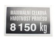 Štítek hmotnosti přívěsu 8.150kg