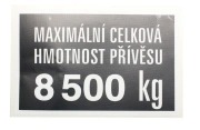 Nápis Maximální celková hmotnost přívěsu 8.500kg