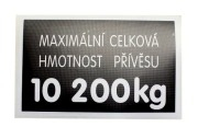 Štítek hmotnosti přívěsu 10.200kg